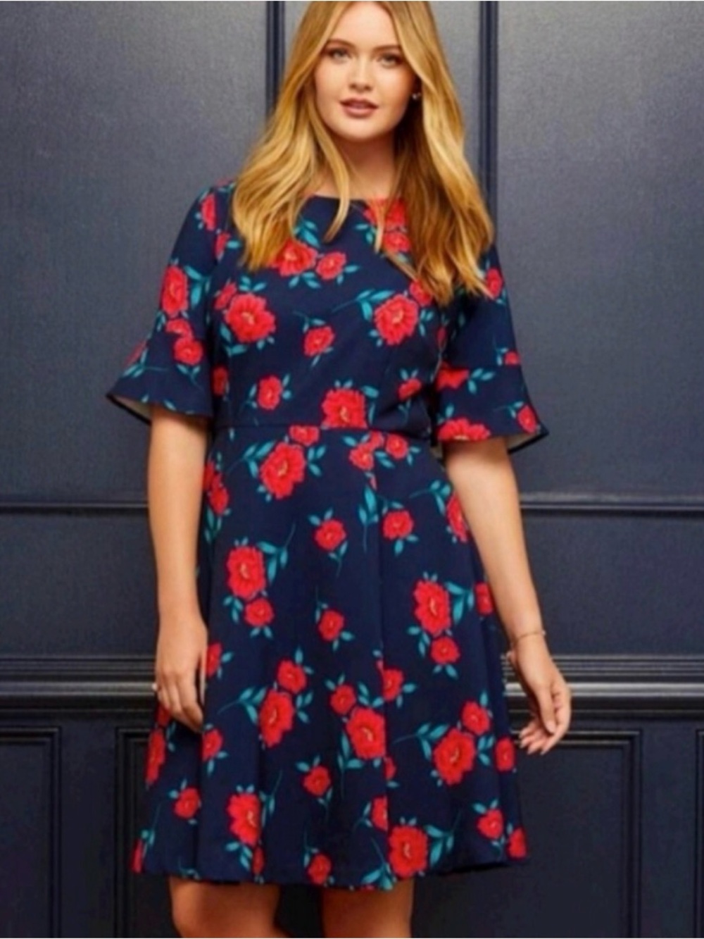 Draper James x Eloquii Navy Midi Dress with Red Floral Print